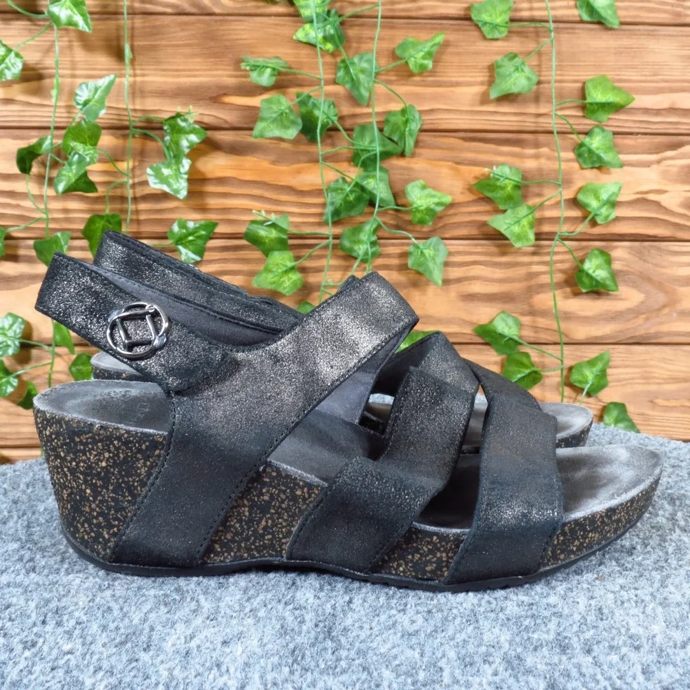 Dansko Stayce Womens Wedge Sandals Sz 38‎ US 7.5-8 Casual Black Metallic Leather
